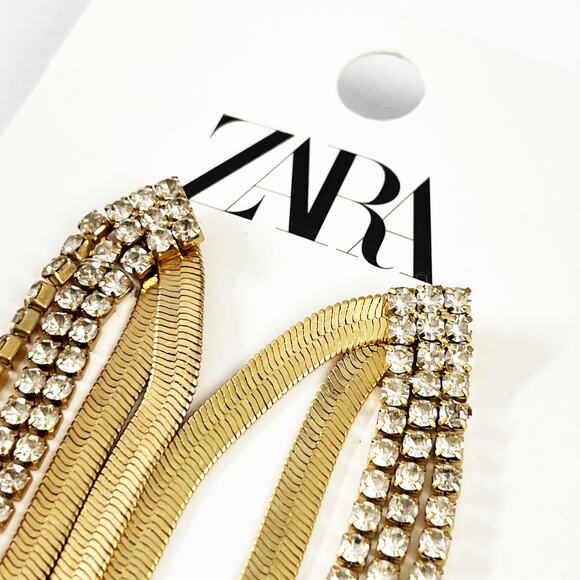 NEW Zara Long Crystal & Chain Statement Drop Earrings - Picture 3 of 5